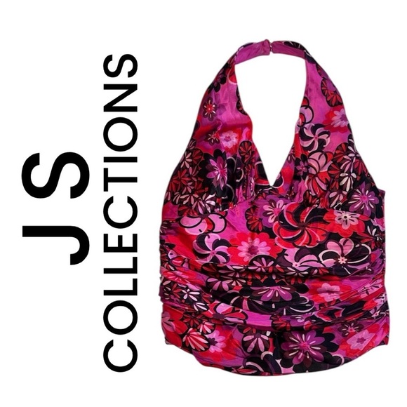 JS Collections Tops - JS COLLECTIONS Pink Purple Floral Silk V-Neck Halter Top Ruched Blouse Women's 6